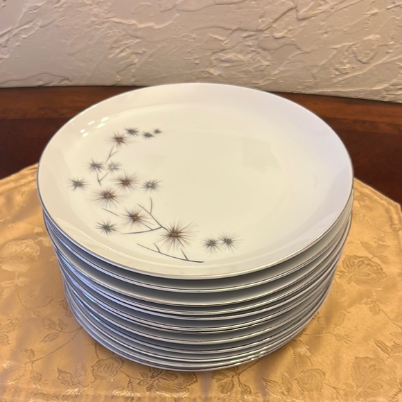 VTG Set of 13 Elegant White Dinner Plates by Creative Platinum Star Burst Design
